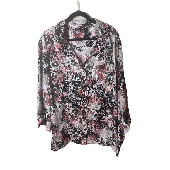 Maggie Barnes Button Front Roll Tab Blouse 5X 34W 36W Pink Brown Print Dots - Picture 1 of 5